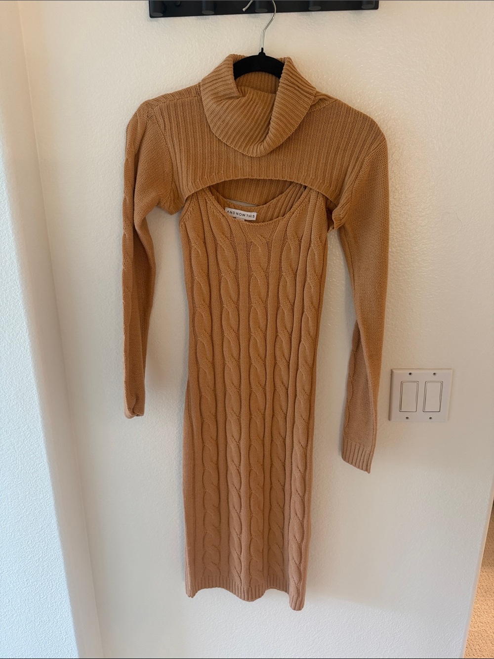 Camel Cable Knit Two-Piece Sweater Dress Removable Turtleneck